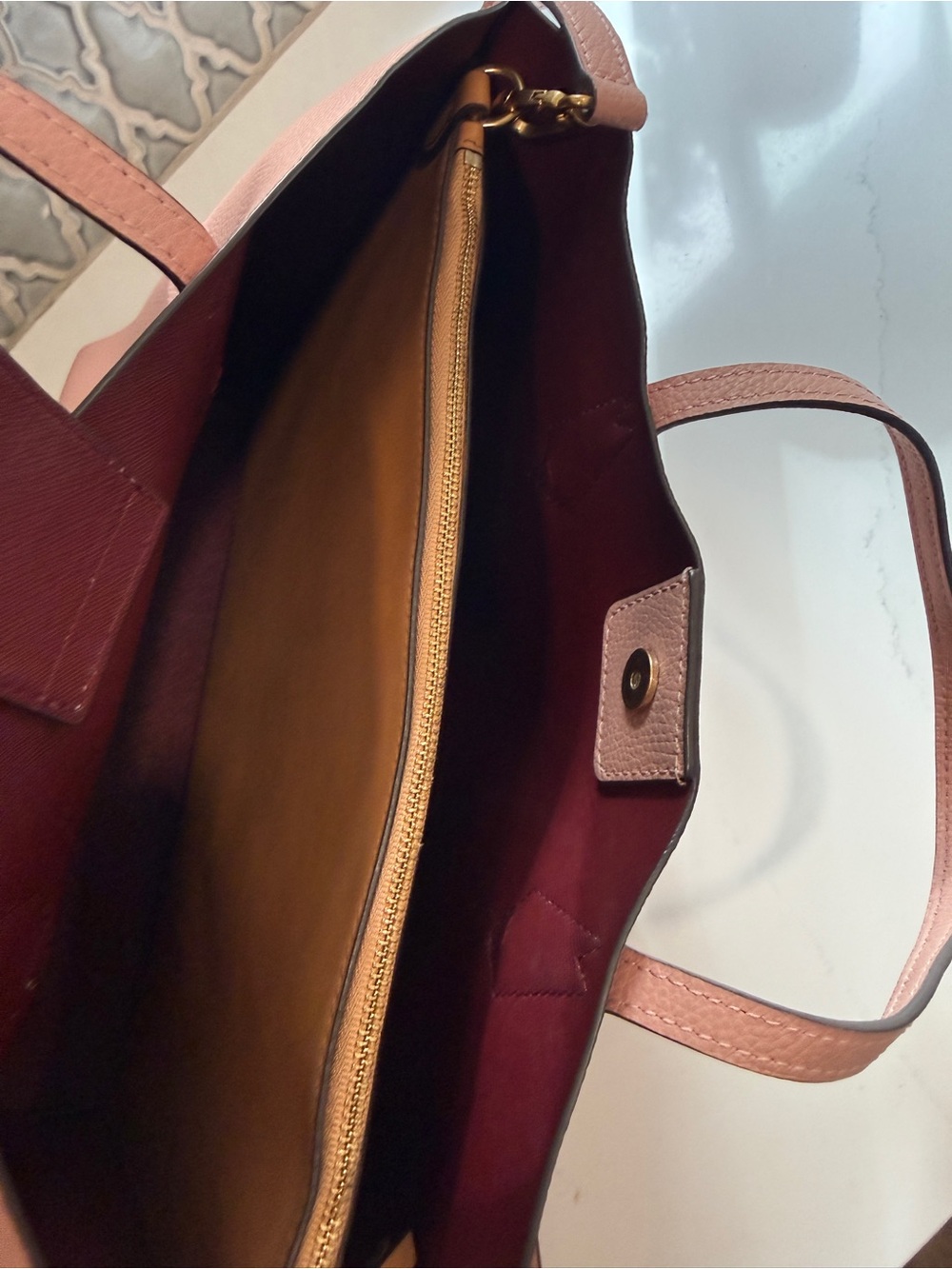 Tory Burch Pebbled Leather Tote | Blush Pink | Crossbody Strap | Perry Style - Picture 8 of 12